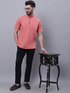 Even Apparels Peach Pure Cotton Short Sleeves Kurta With Band Collar | Grocsy