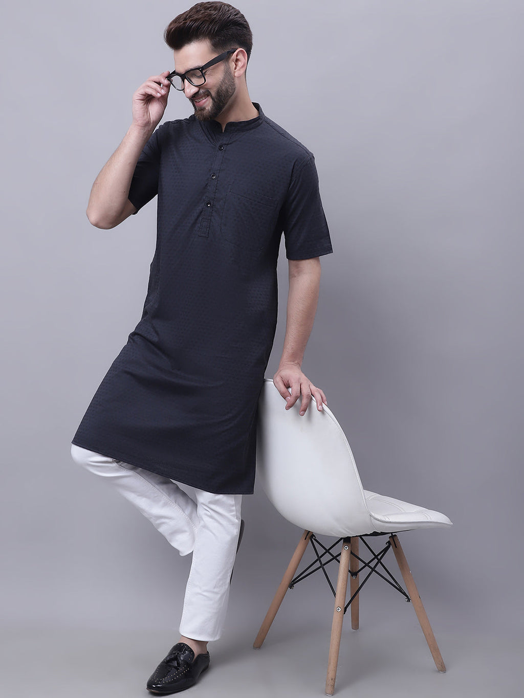 Even Apparels Black Pure Cotton Short Sleeves Kurta With Band Collar | Grocsy