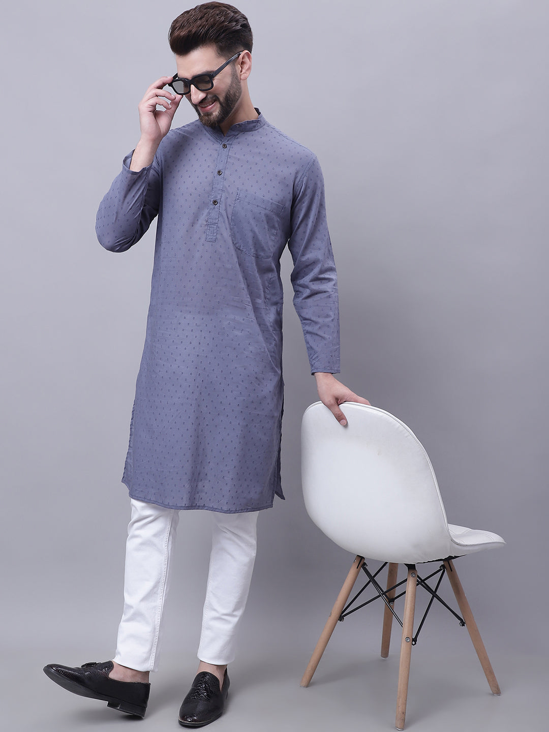Even Apparels Grey Pure Cotton Kurta With Band Collar | Grocsy