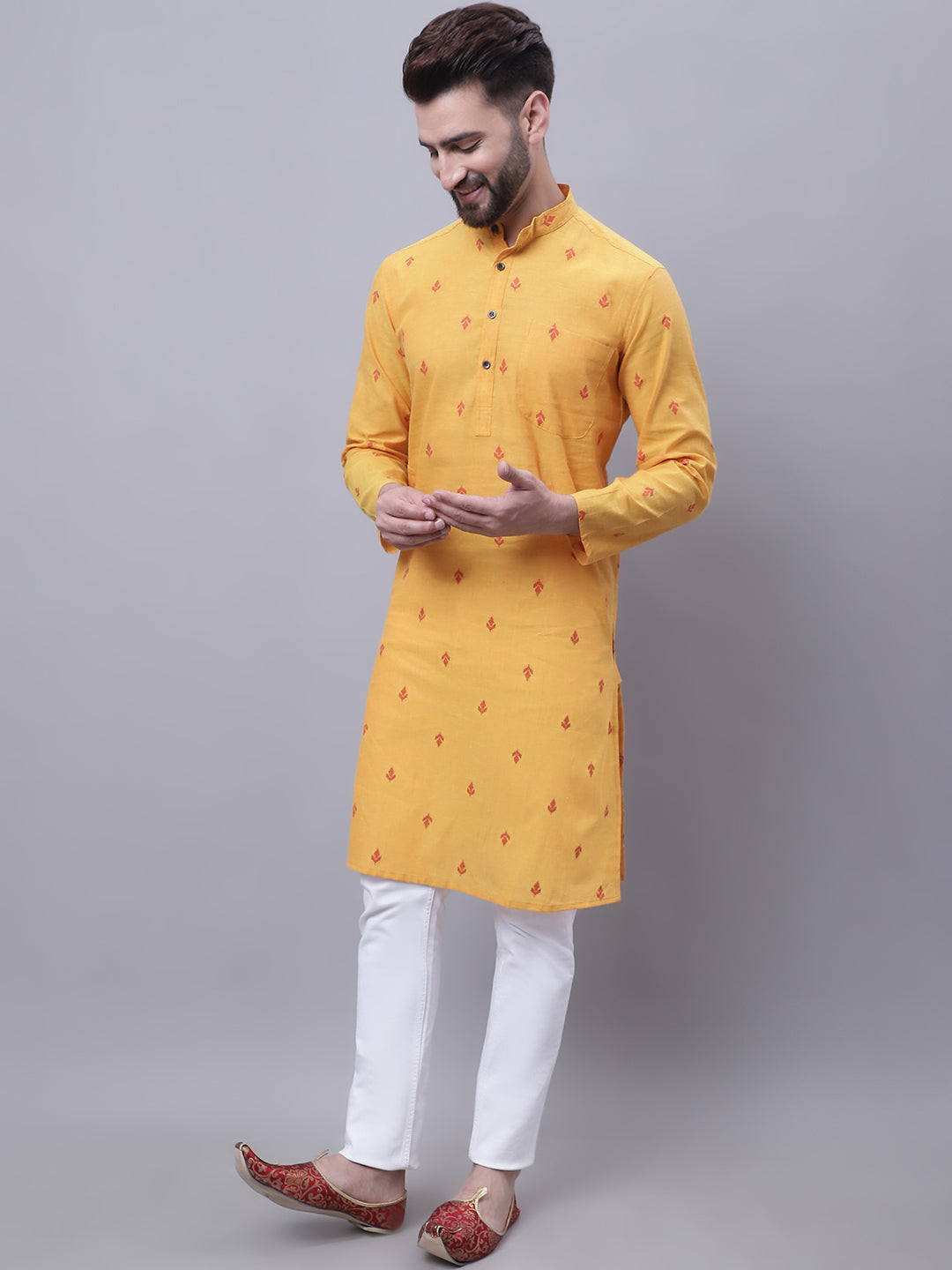 Even Apparels Yellow Pure Cotton Kurta With Band Collar | Grocsy