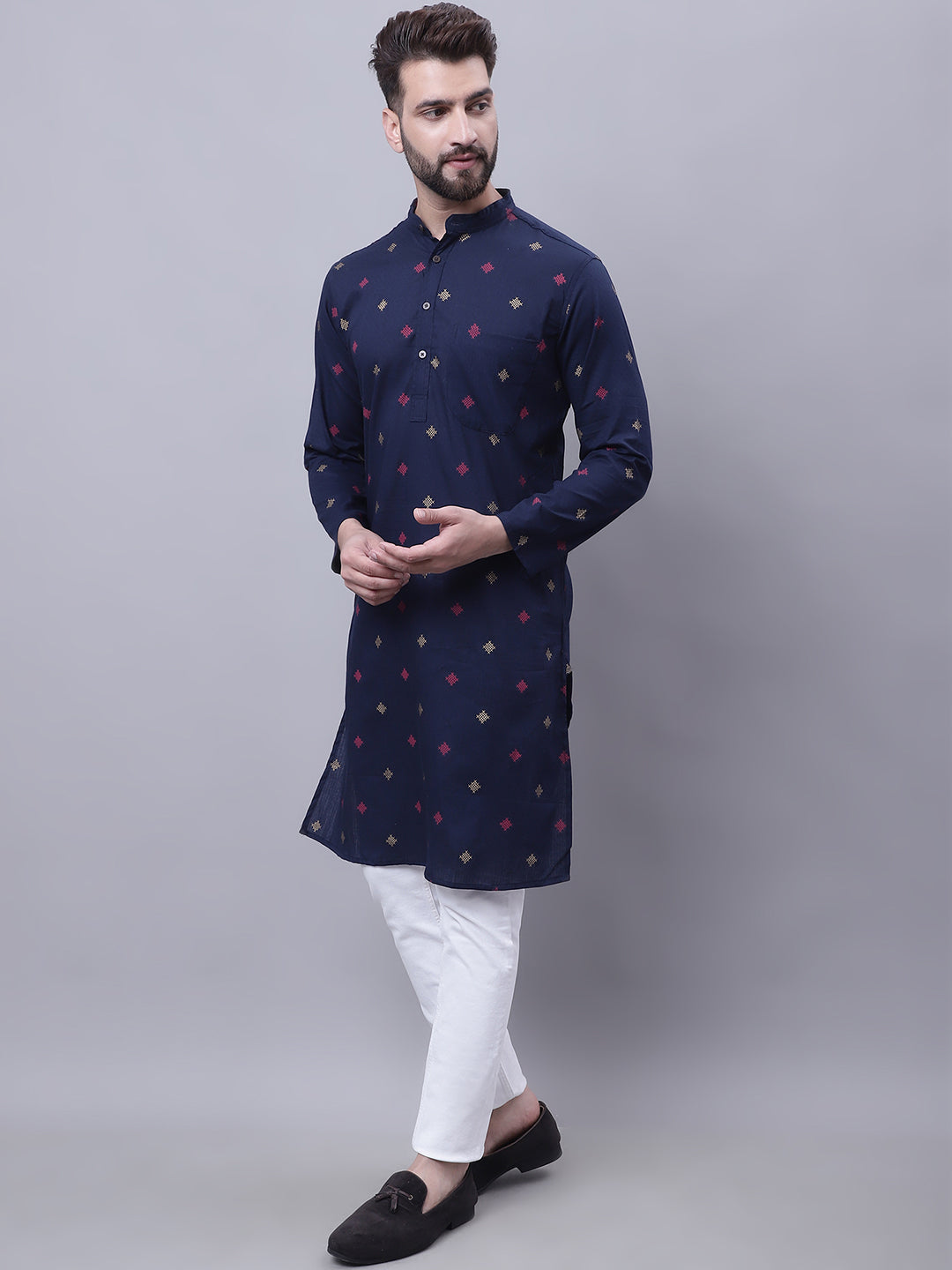 Even Apparels Blue Pure Cotton Kurta With Band Collar | Grocsy