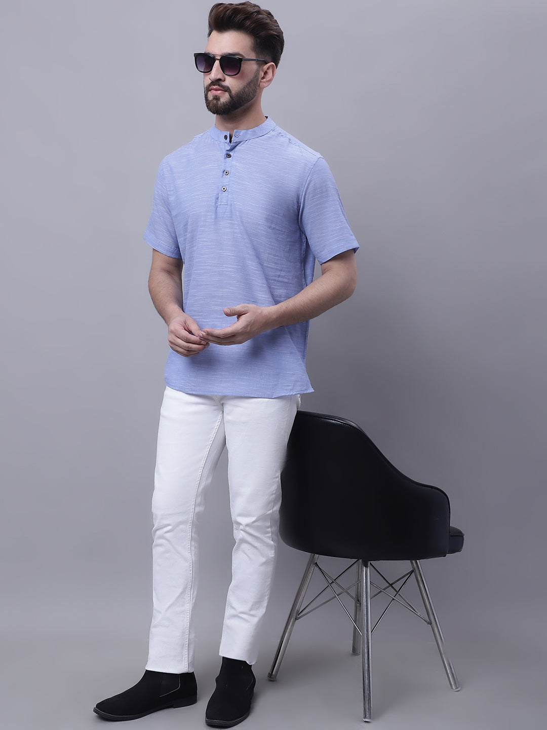 Even Apparels Blue Pure Cotton Short Kurta With Band Collar | Grocsy