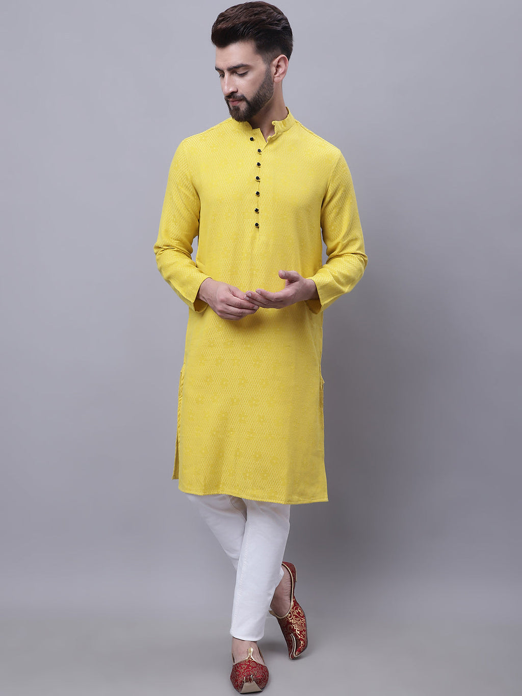 Even Apparels Yellow Pure Cotton Kurta With Band Collar | Grocsy
