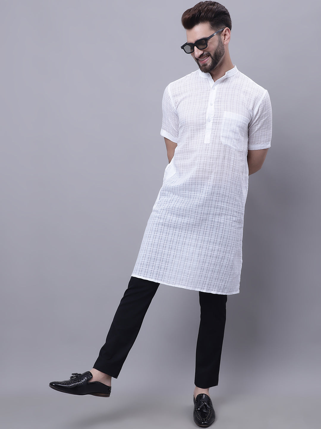 Even Apparels White Pure Cotton Short Sleeves Kurta With Band Collar | Grocsy