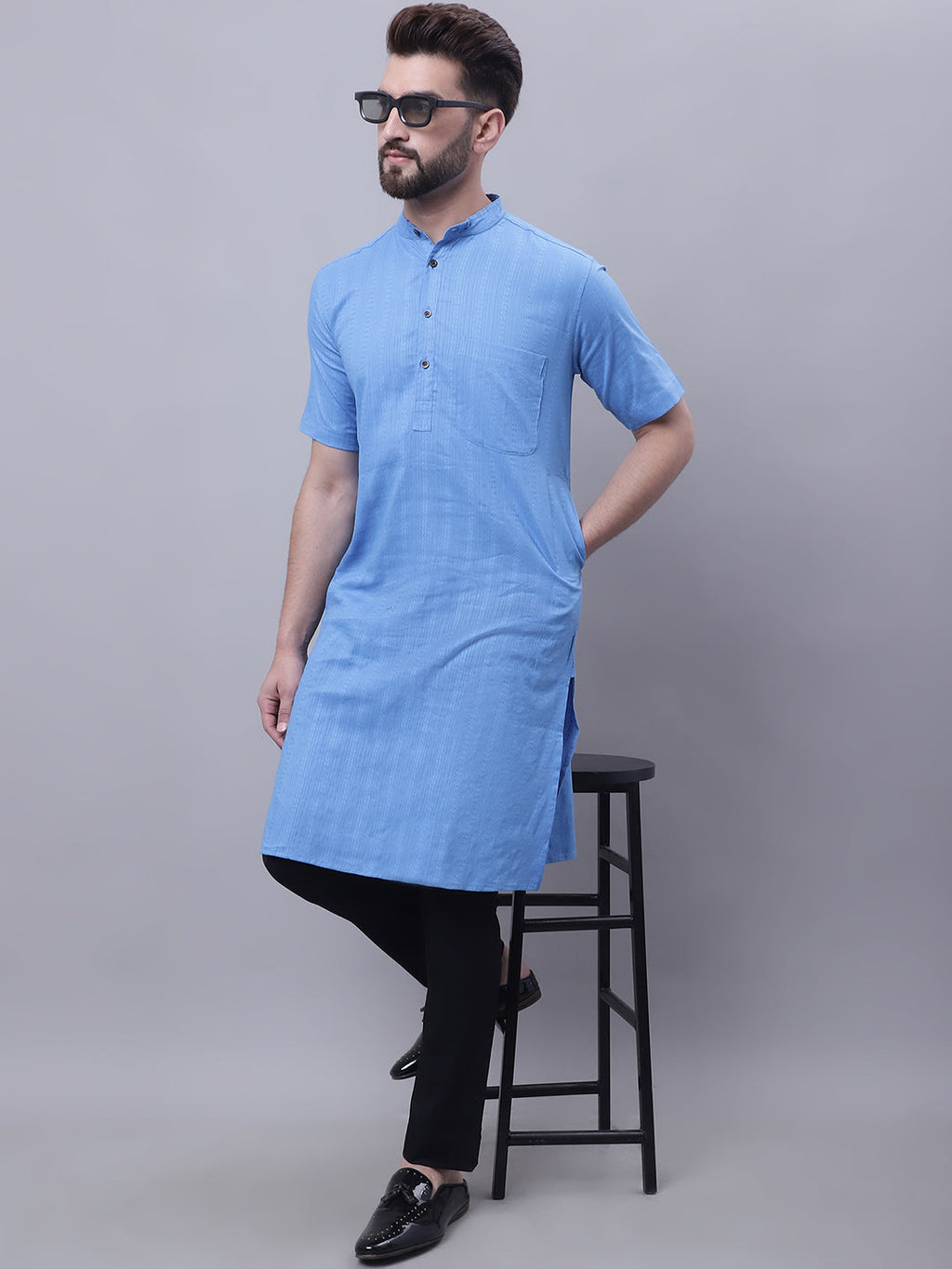 Even Apparels Blue Pure Cotton Short Sleeves Kurta With Band Collar | Grocsy