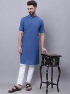 Even Apparels Blue Pure Cotton Short Sleeves Kurta With Band Collar | Grocsy