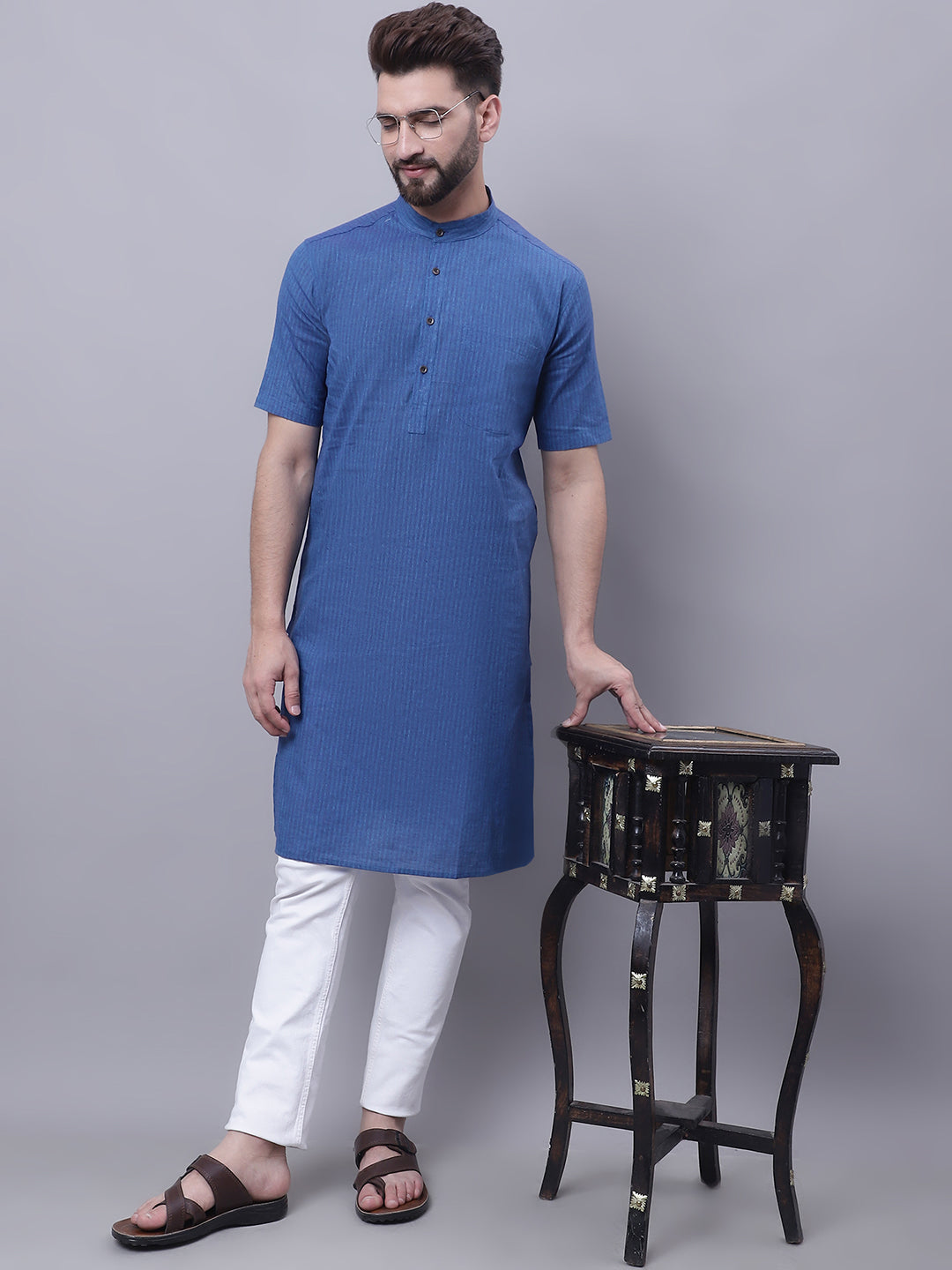 Even Apparels Blue Pure Cotton Short Sleeves Kurta With Band Collar | Grocsy