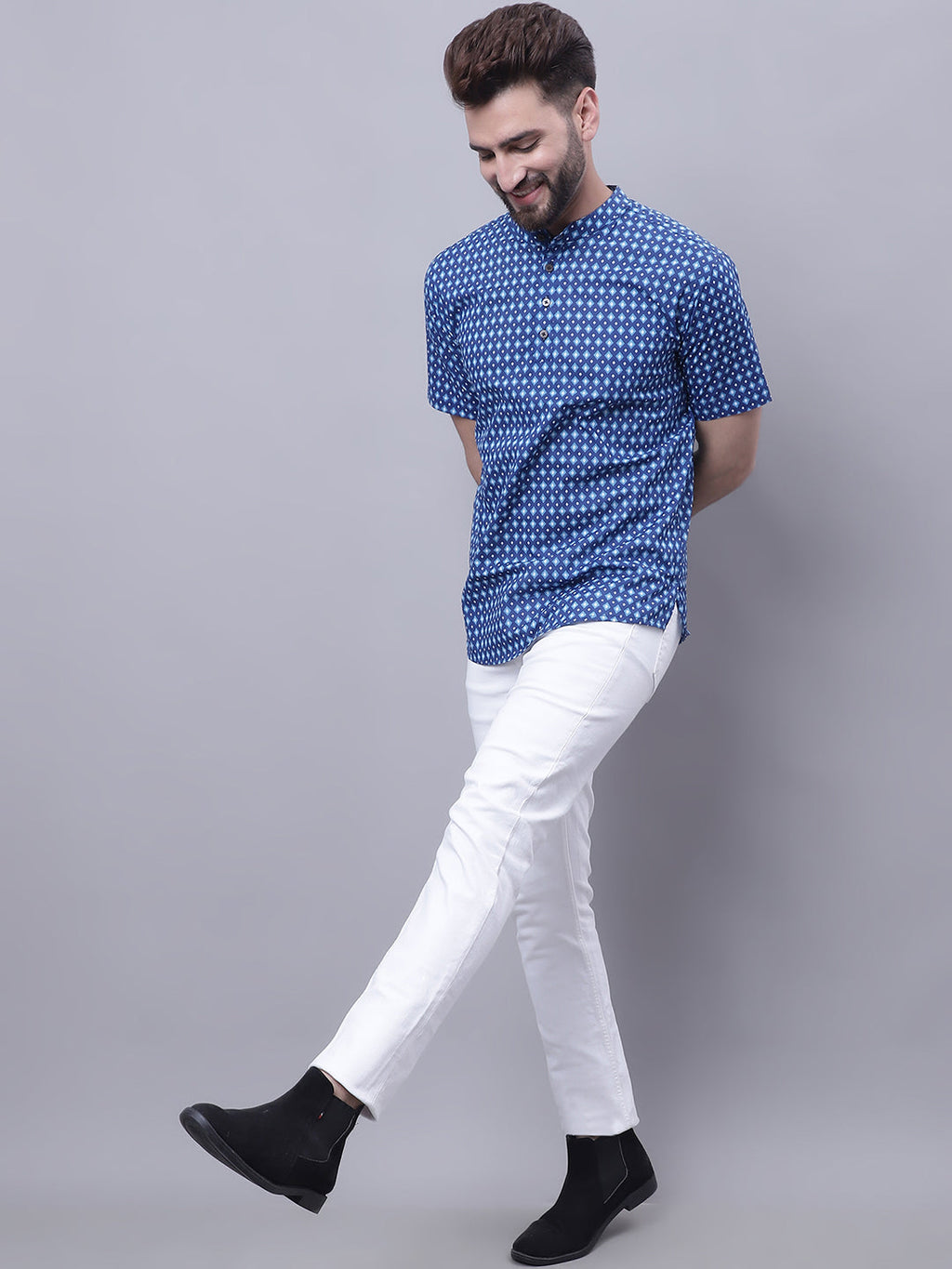 Even Apparels Blue Pure Cotton Short Kurta With Band Collar | Grocsy