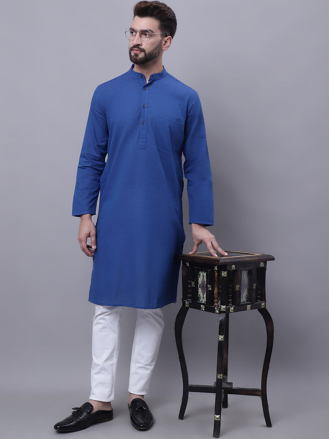 Even Apparels Blue Pure Cotton Kurta With Band Collar | Grocsy