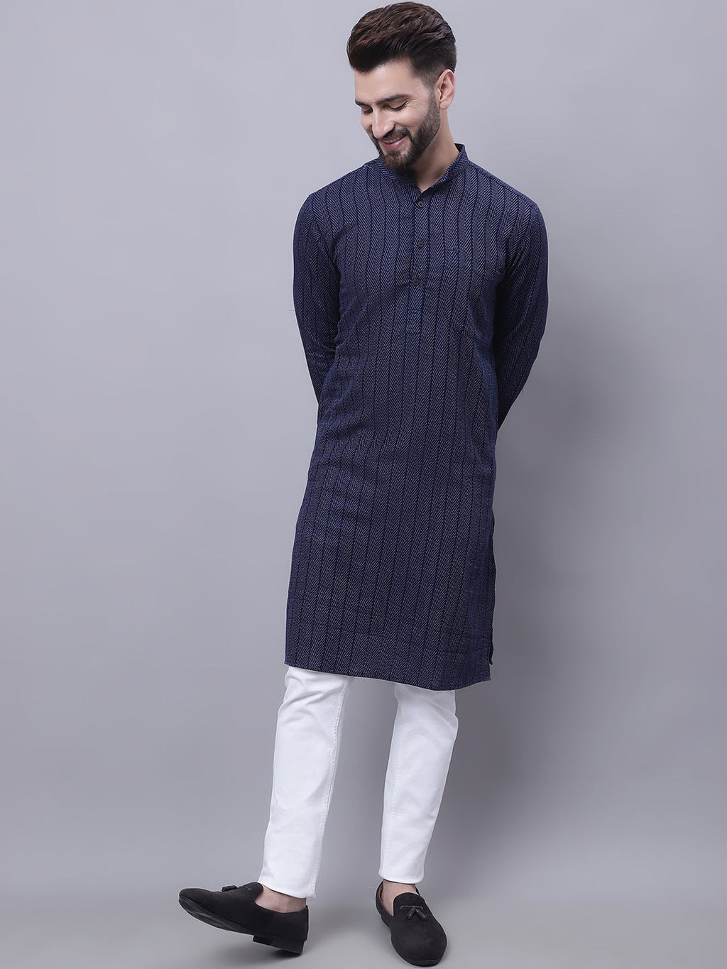 Even Apparels Blue Pure Cotton Kurta With Band Collar | Grocsy