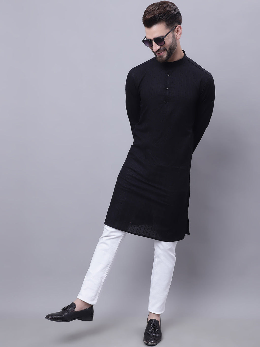 Even Apparels Black Pure Cotton Kurta With Band Collar | Grocsy