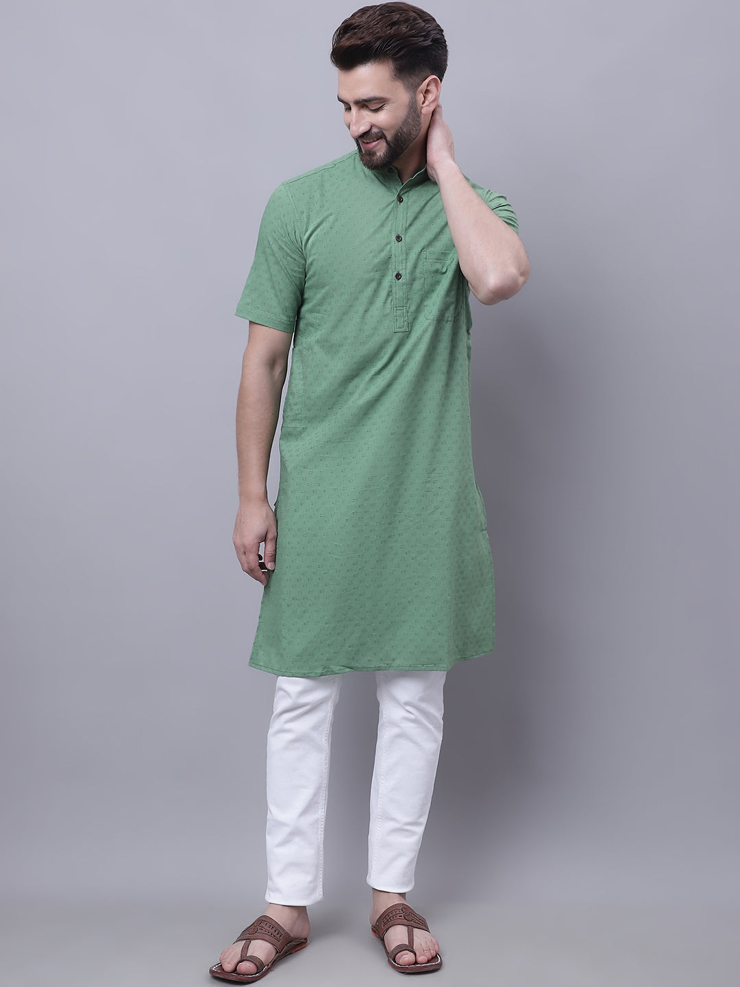 Even Apparels Green Pure Cotton Short Sleeves Kurta With Band Collar | Grocsy