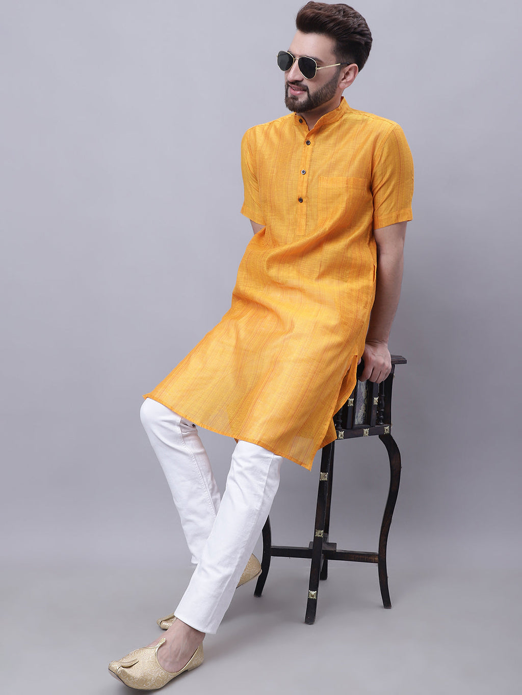 Even Apparels Yellow Pure Cotton Short Sleeves Kurta With Band Collar | Grocsy