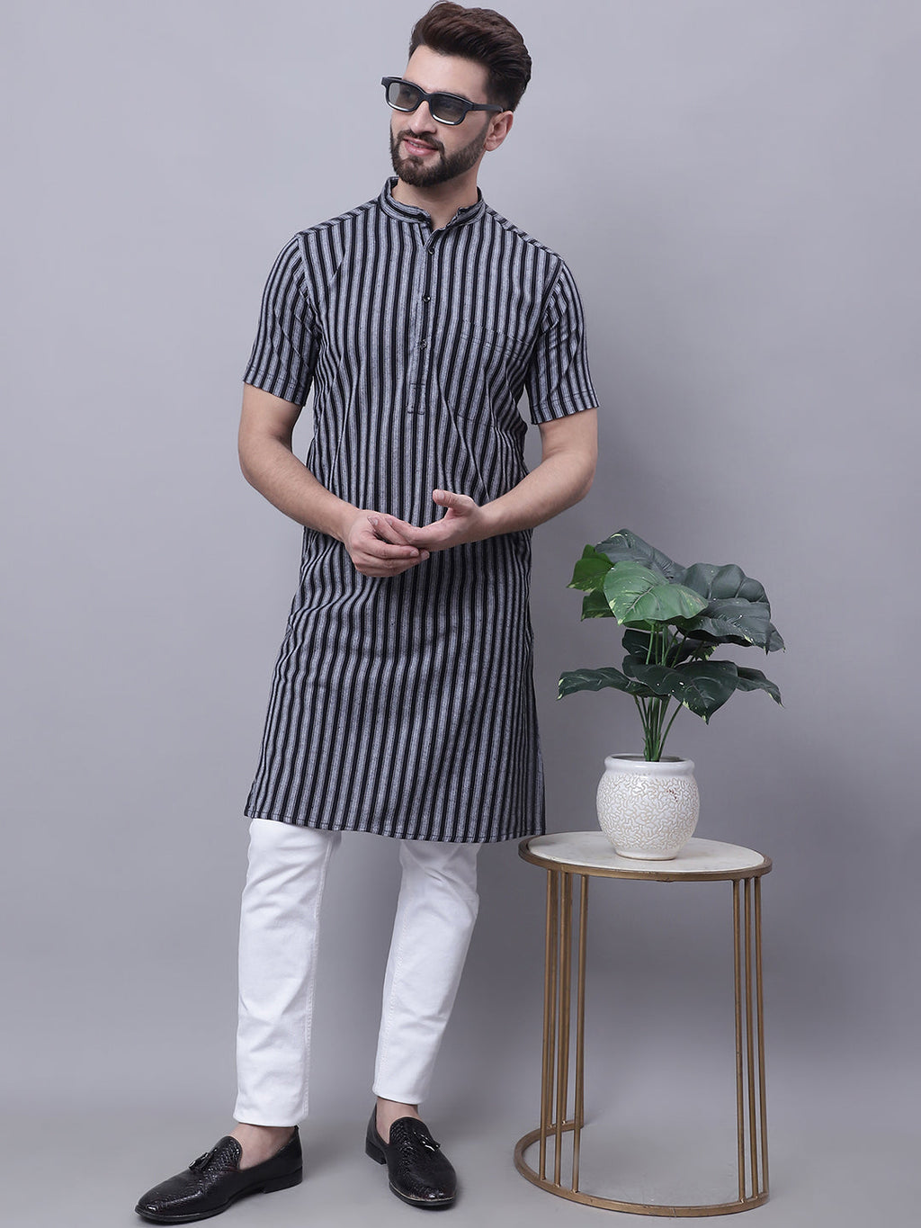 Even Apparels Multi Pure Cotton Short Sleeves Kurta With Band Collar | Grocsy