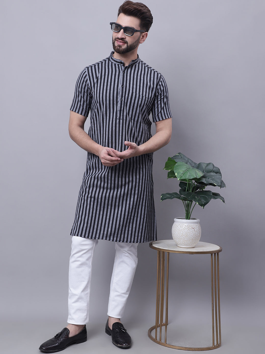 Even Apparels Multi Pure Cotton Short Sleeves Kurta With Band Collar | Grocsy