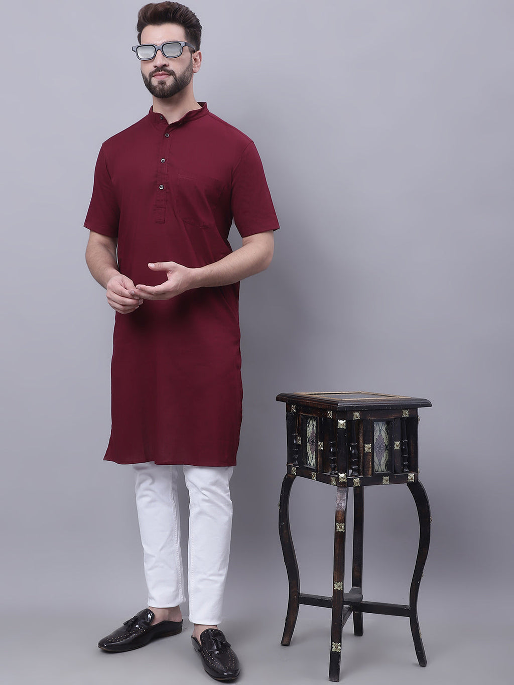 Even Apparels Red Pure Cotton Short Sleeves Kurta With Band Collar | Grocsy