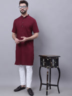 Even Apparels Red Pure Cotton Short Sleeves Kurta With Band Collar | Grocsy