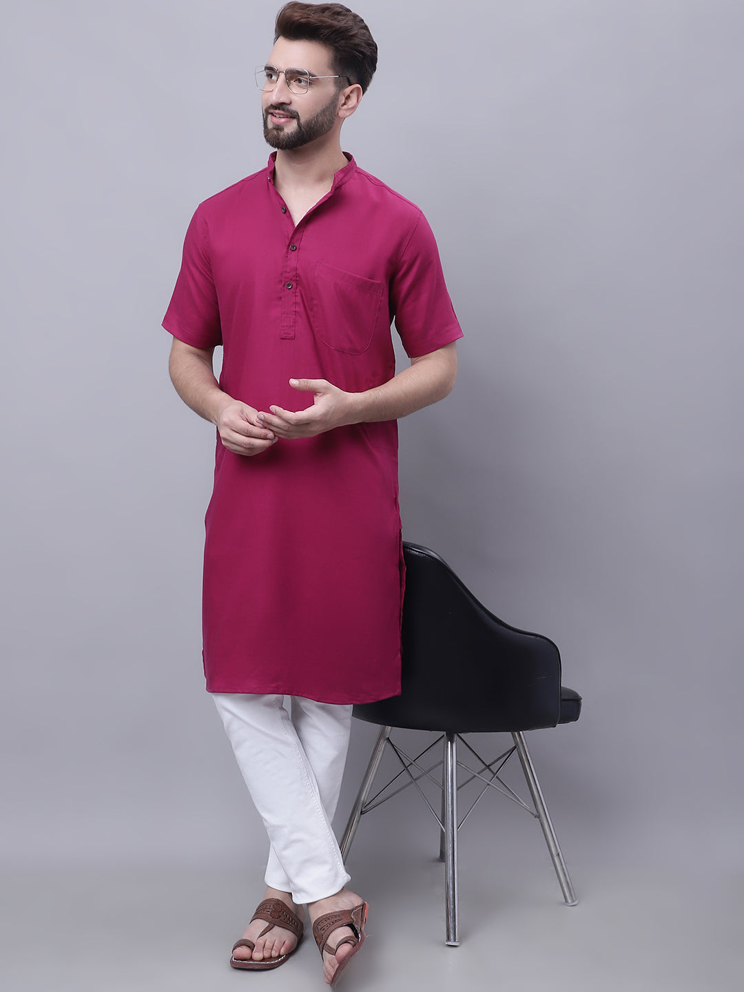 Even Apparels Maroon Pure Cotton Short Sleeves Kurta With Band Collar | Grocsy