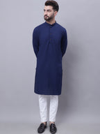 Even Apparels Blue Pure Cotton Kurta With Band Collar | Grocsy