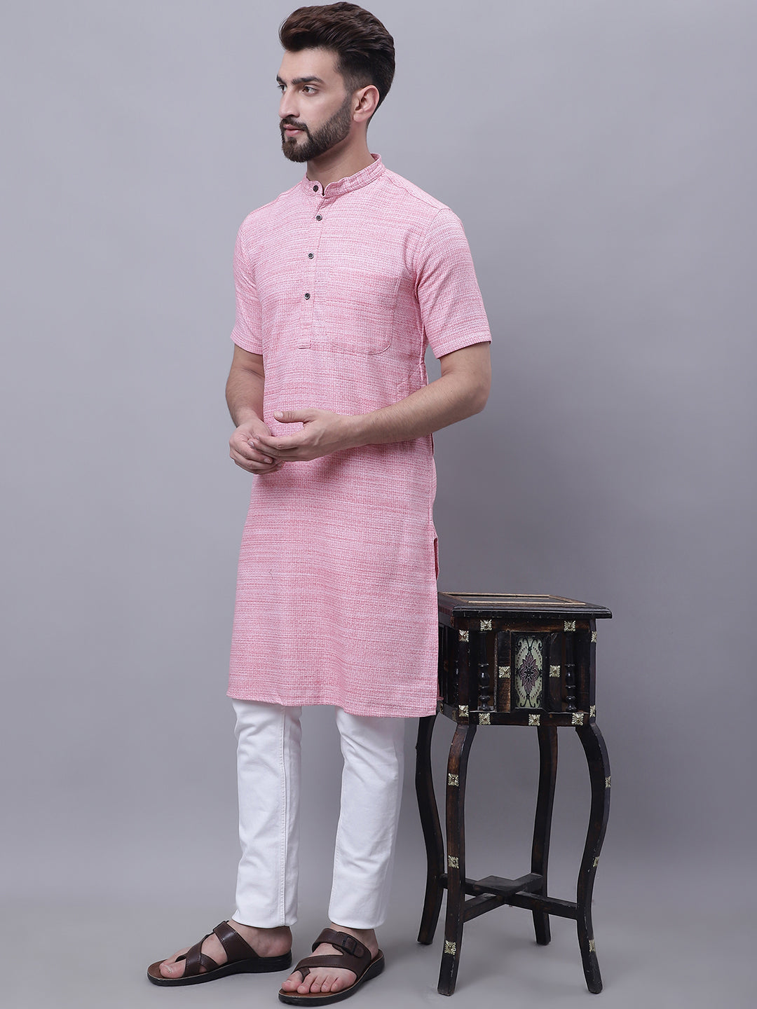 Even Apparels Pink Pure Cotton Short Sleeves Kurta With Band Collar | Grocsy