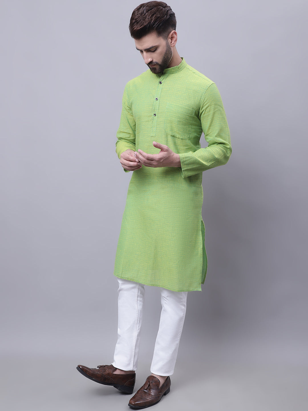 Even Apparels Green Pure Cotton Kurta With Band Collar | Grocsy