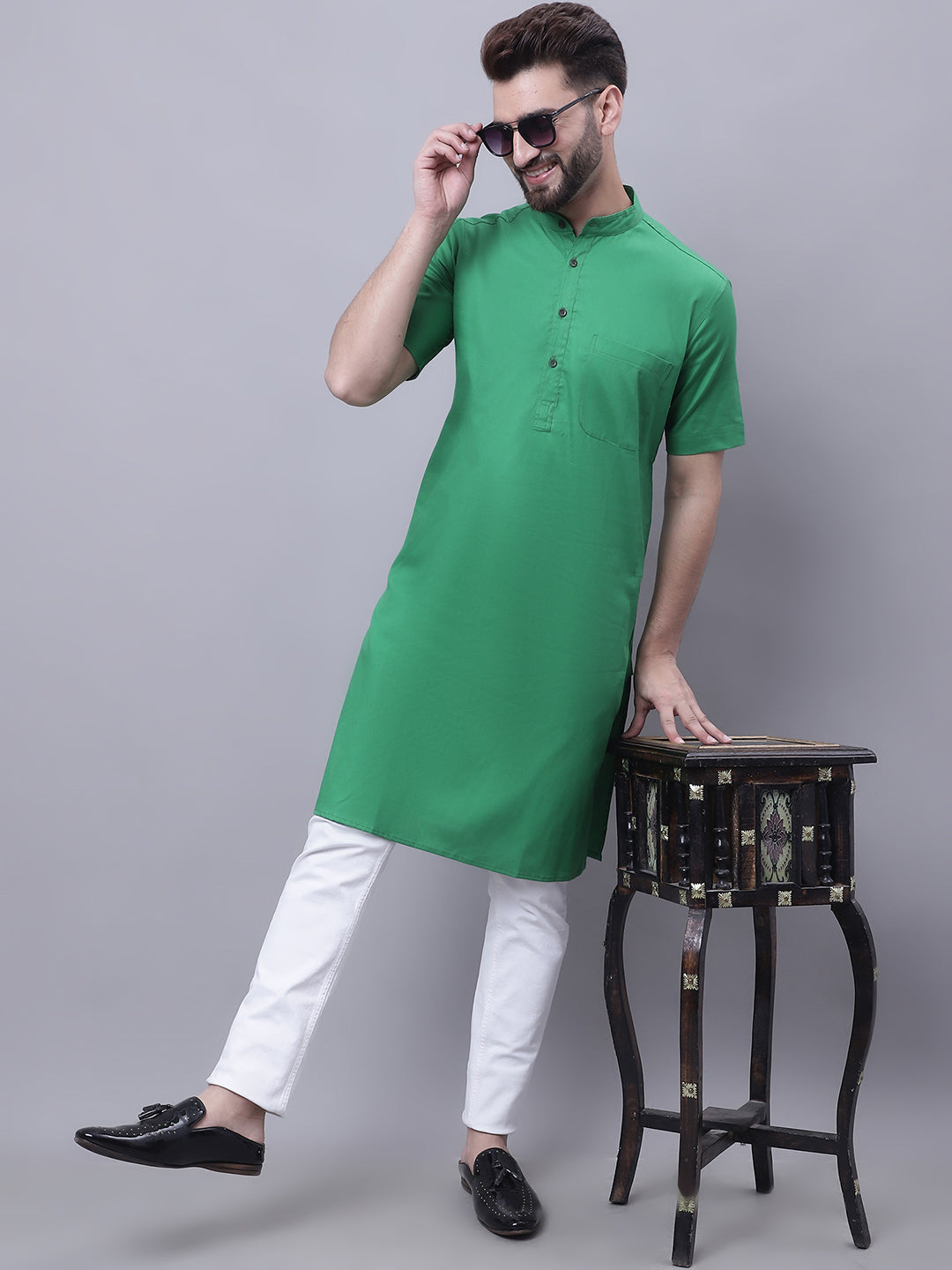 Even Apparels Green Pure Cotton Short Sleeves Kurta With Band Collar | Grocsy