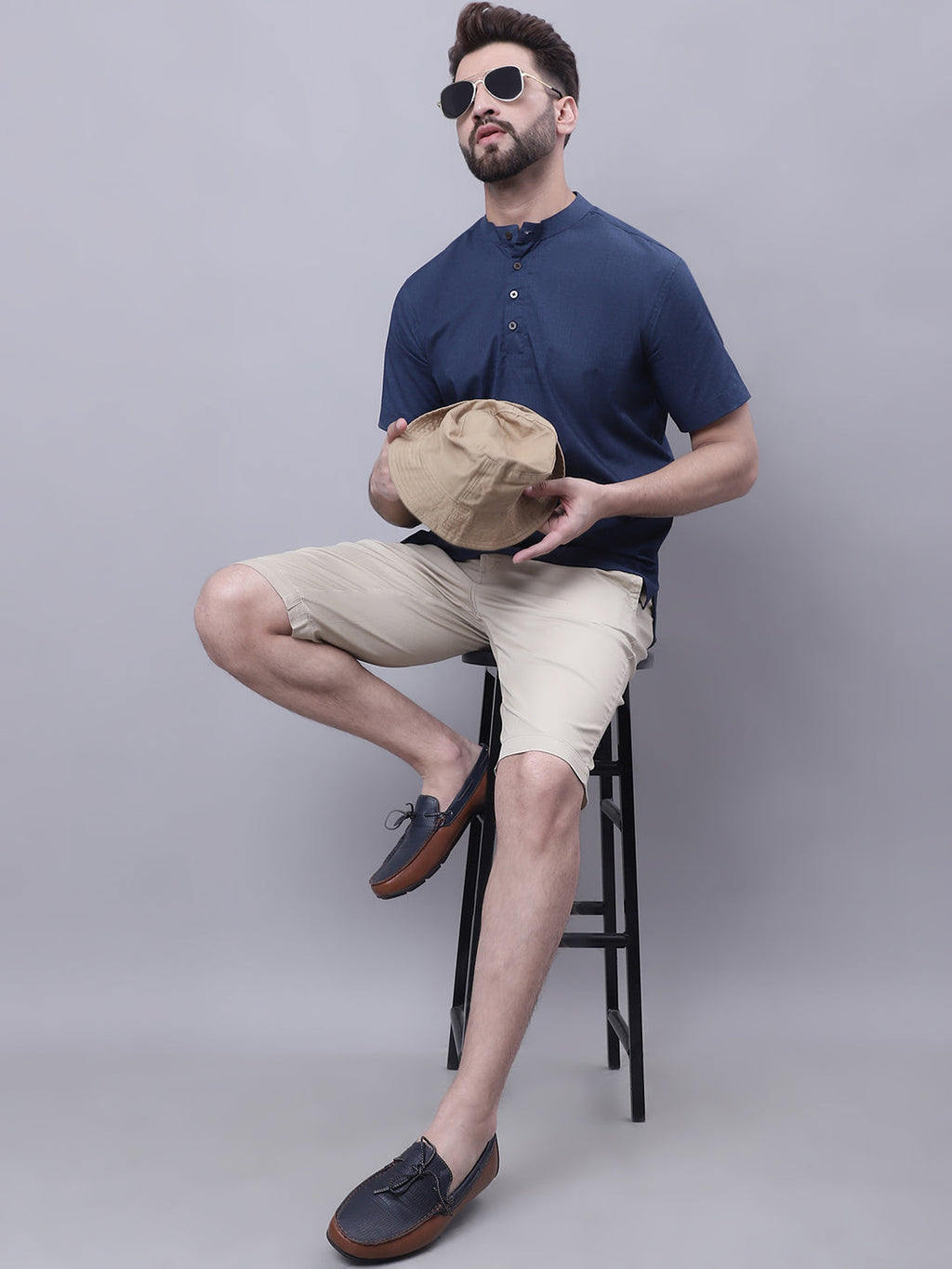 Even Apparels Blue Pure Cotton Short Kurta With Band Collar | Grocsy