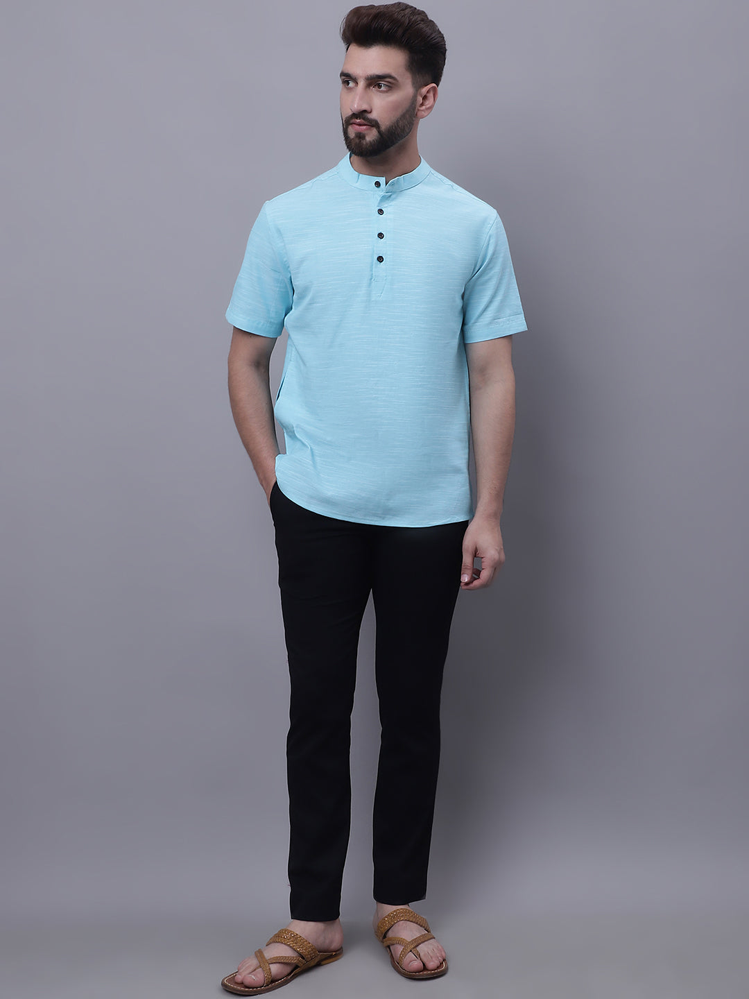 Even Apparels Blue Pure Cotton Short Kurta With Band Collar | Grocsy