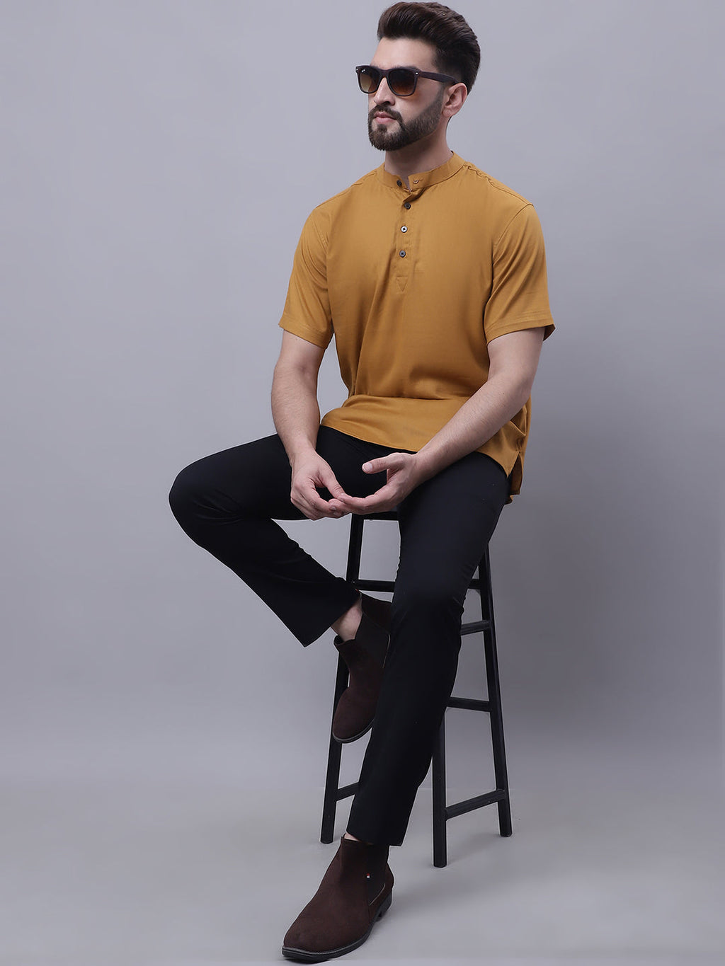 Even Apparels Brown Pure Cotton Short Kurta With Band Collar | Grocsy