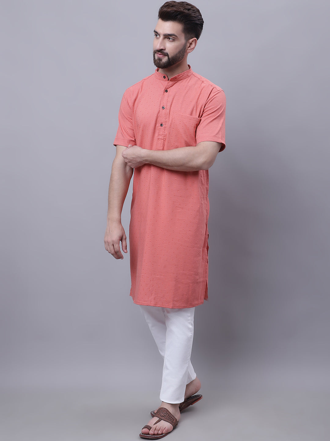 Even Apparels Peach Pure Cotton Short Sleeves Kurta With Band Collar | Grocsy