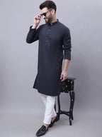 Even Apparels Black Pure Cotton Kurta With Band Collar | Grocsy