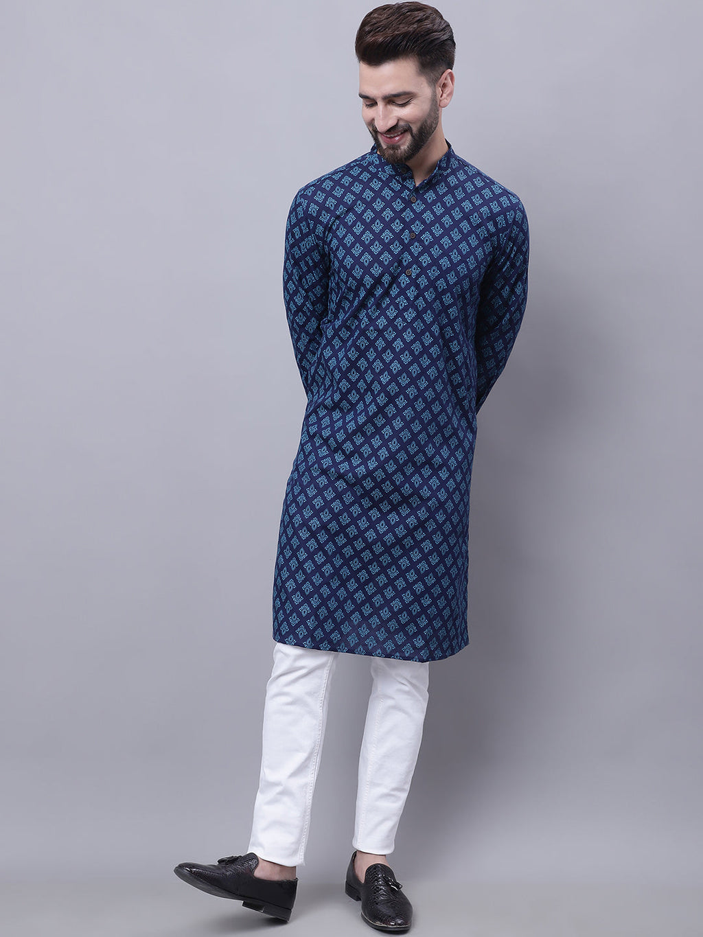 Even Apparels Blue Pure Cotton Kurta With Band Collar | Grocsy
