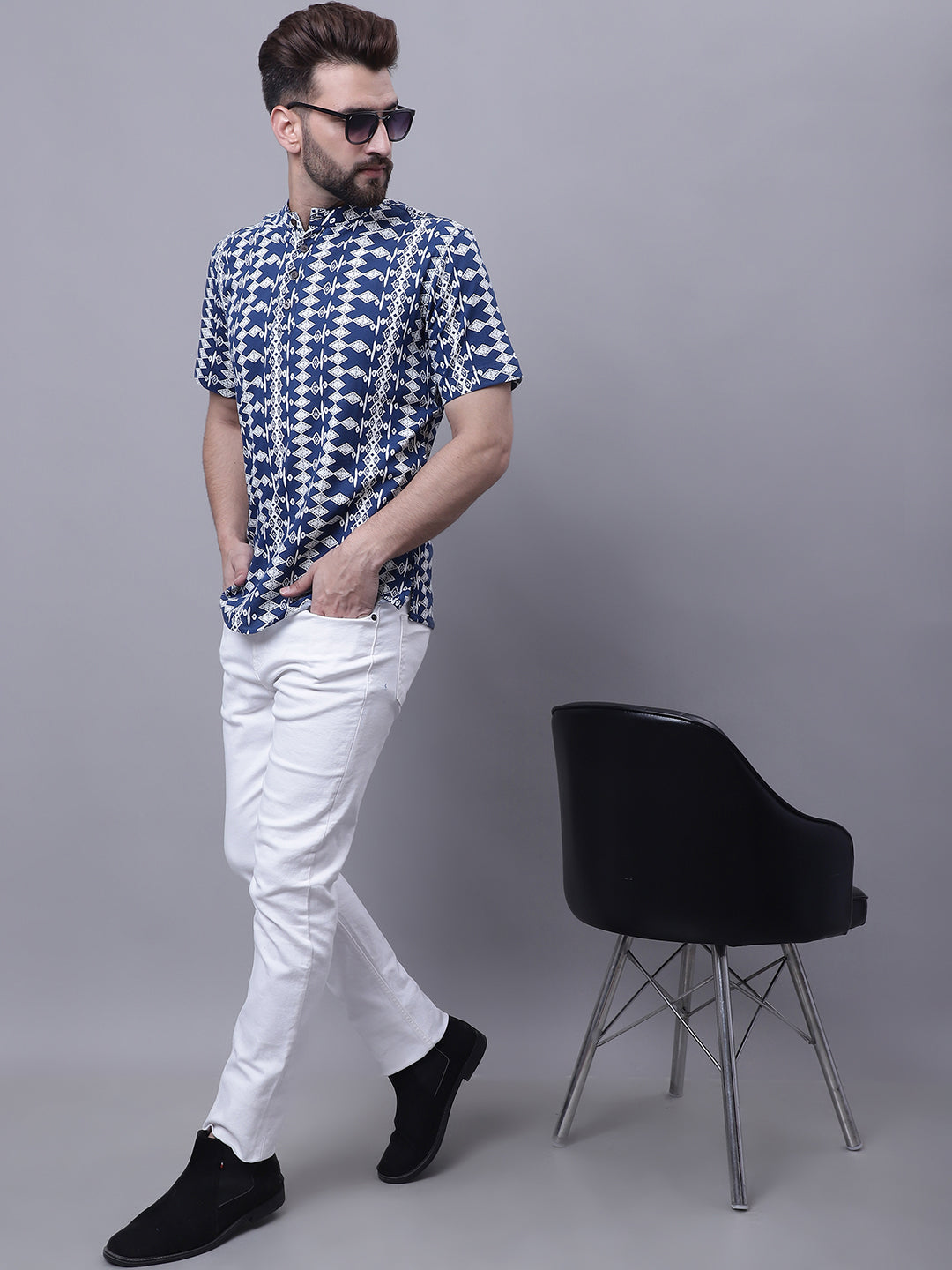 Even Apparels Blue Pure Cotton Short Kurta With Band Collar | Grocsy