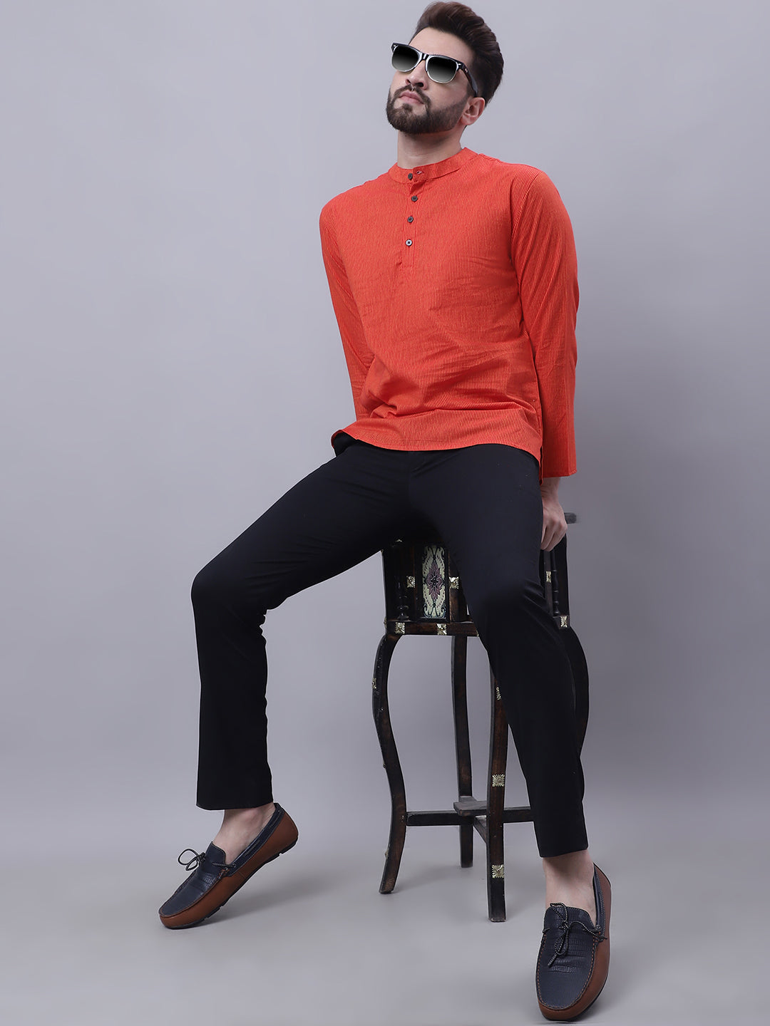 Even Apparels Orange Pure Cotton Short Kurta With Band Collar | Grocsy