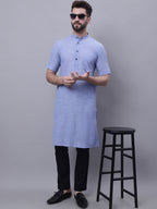 Even Apparels Blue Pure Cotton Short Sleeves Kurta With Band Collar | Grocsy