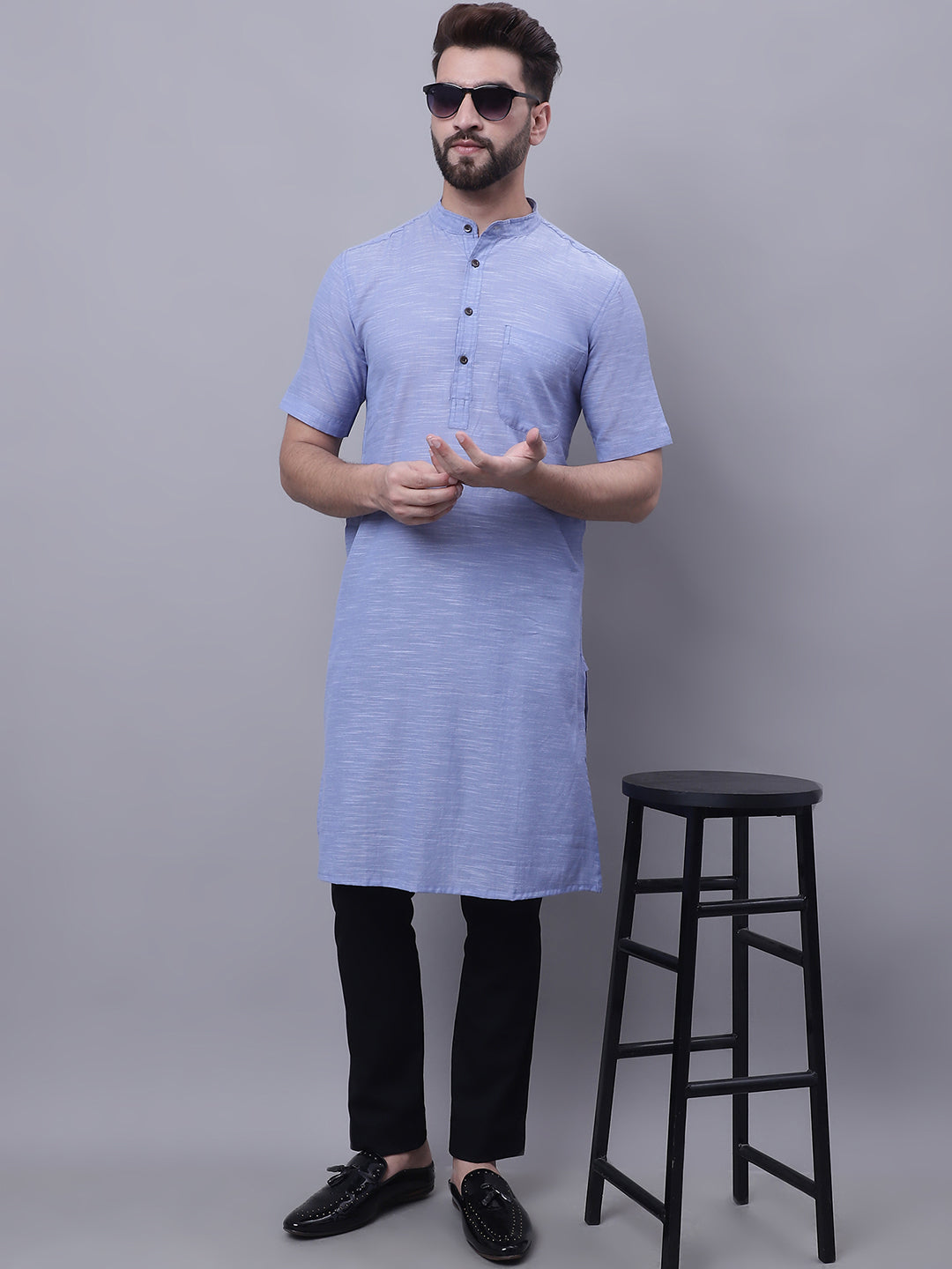Even Apparels Blue Pure Cotton Short Sleeves Kurta With Band Collar | Grocsy