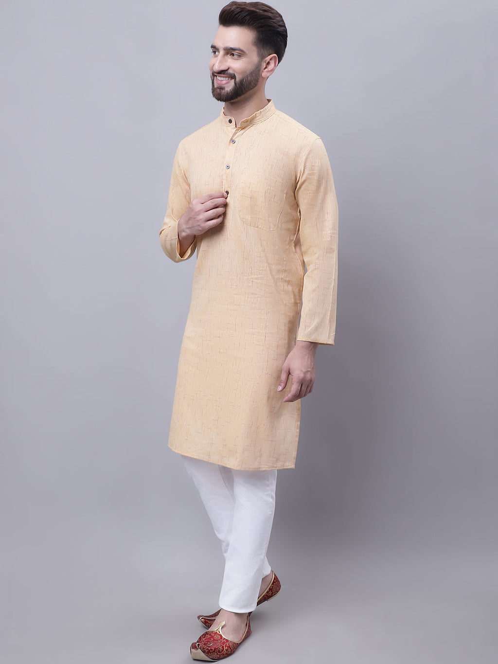 Even Apparels Yellow Pure Cotton Kurta With Band Collar | Grocsy