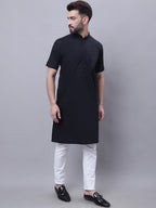 Even Apparels Black Pure Cotton Short Sleeves Kurta With Band Collar | Grocsy