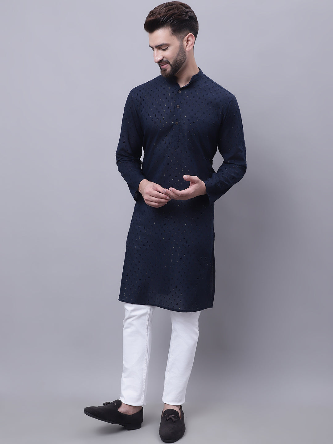 Even Apparels Blue Pure Cotton Kurta With Band Collar | Grocsy