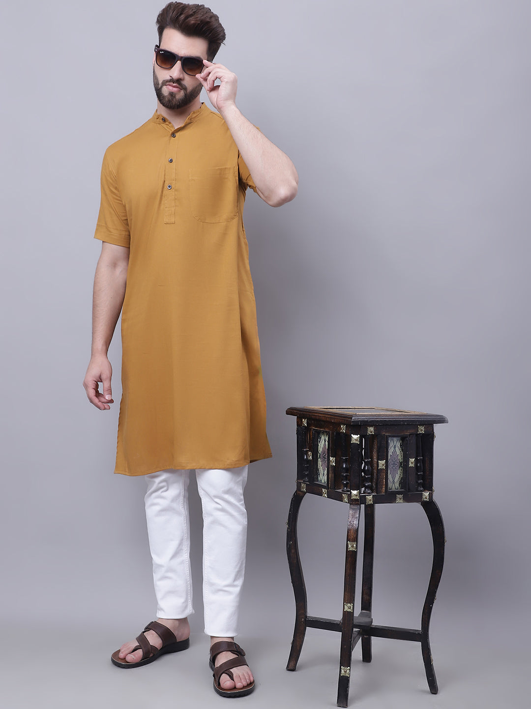Even Apparels Mustard Pure Cotton Short Sleeves Kurta With Band Collar | Grocsy