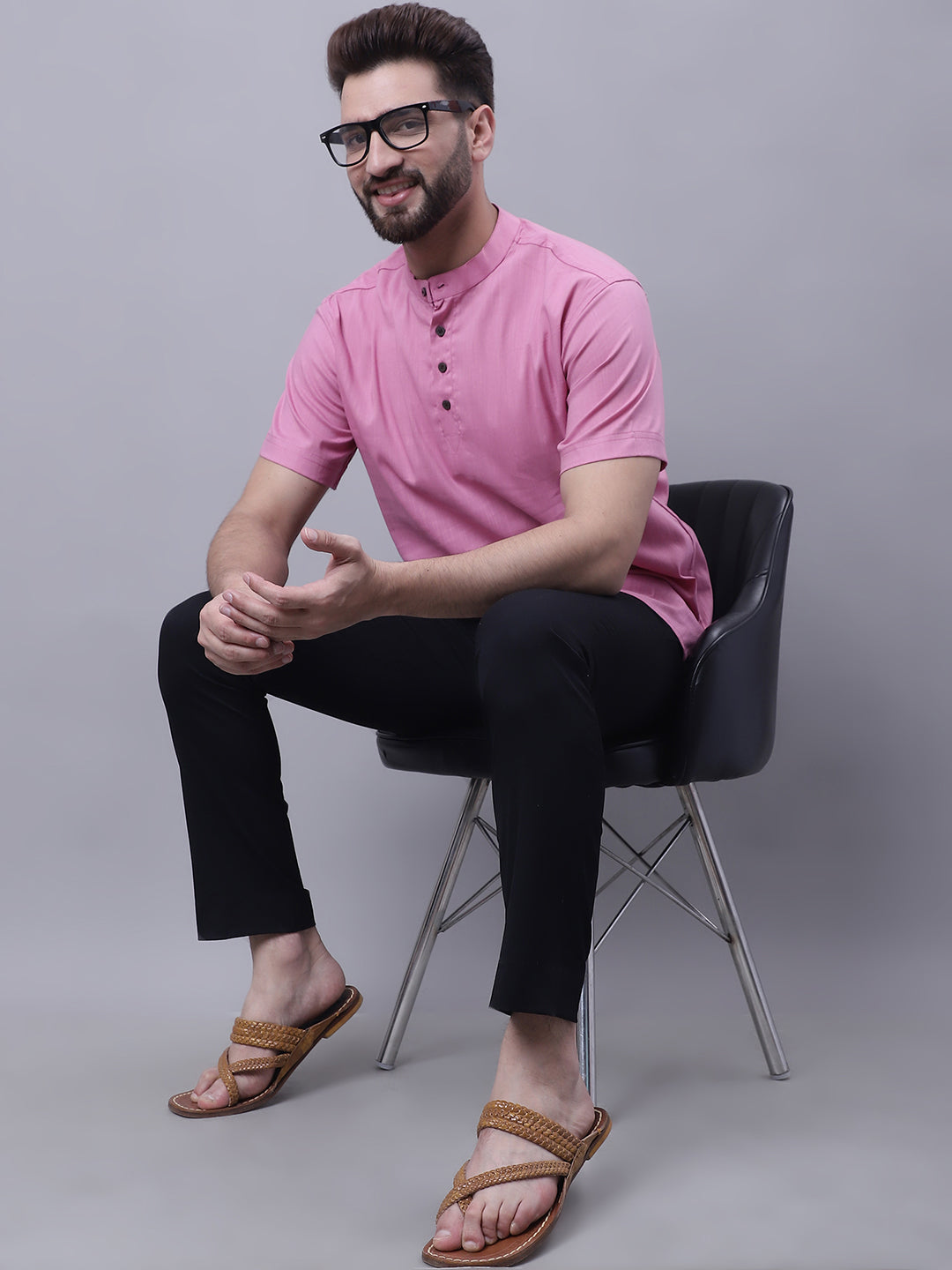 Even Apparels Pink Pure Cotton Short Kurta With Band Collar | Grocsy
