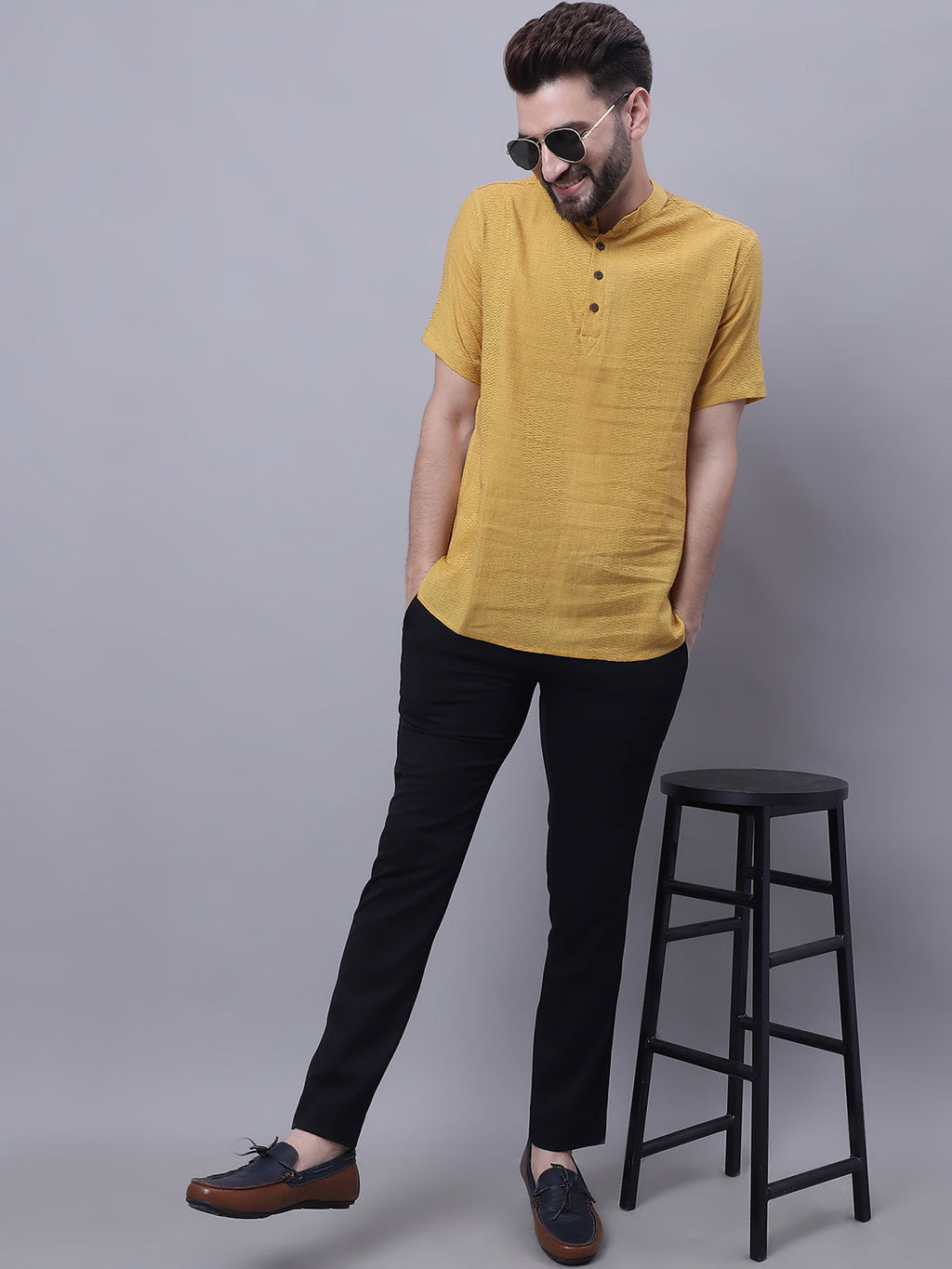 Even Apparels Yellow Pure Cotton Short Sleeves Kurta With Band Collar | Grocsy