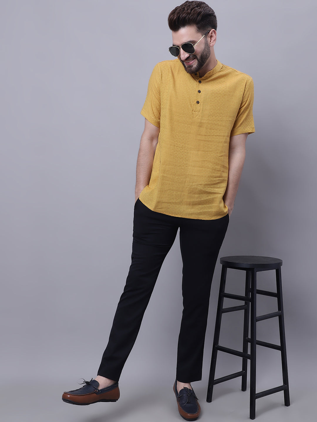 Even Apparels Yellow Pure Cotton Short Sleeves Kurta With Band Collar | Grocsy
