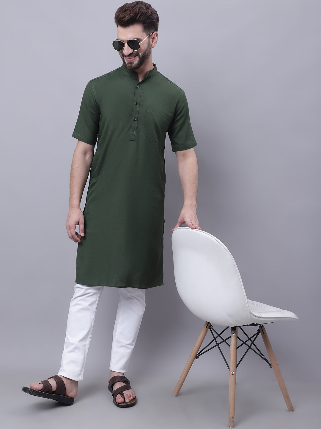 Even Apparels Green Pure Cotton Short Sleeves Kurta With Band Collar | Grocsy
