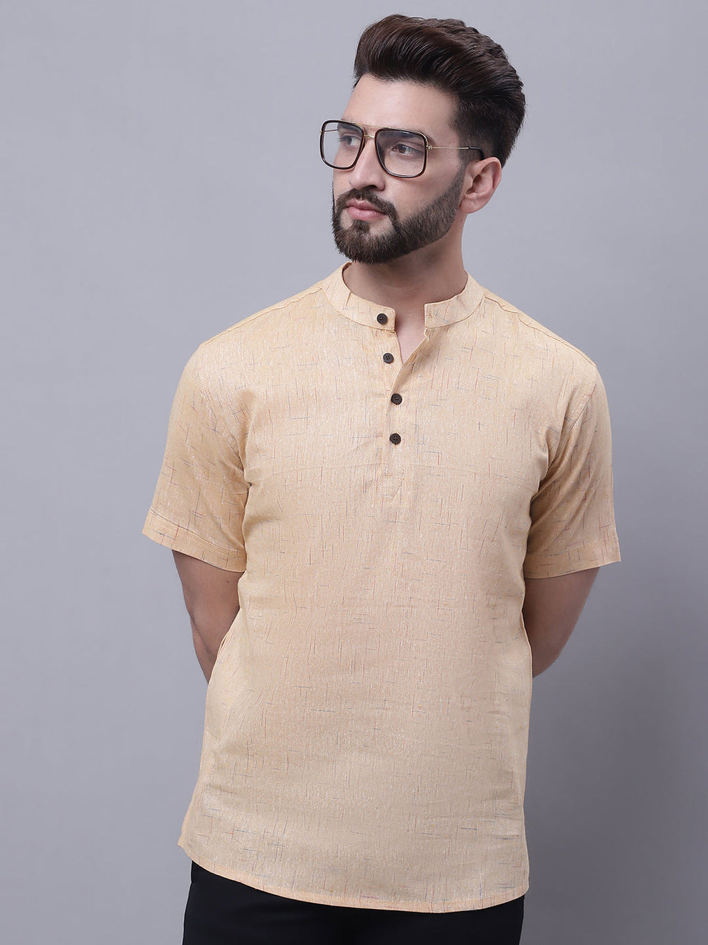 Even Apparels Beige Pure Cotton Short Kurta With Band Collar | Grocsy