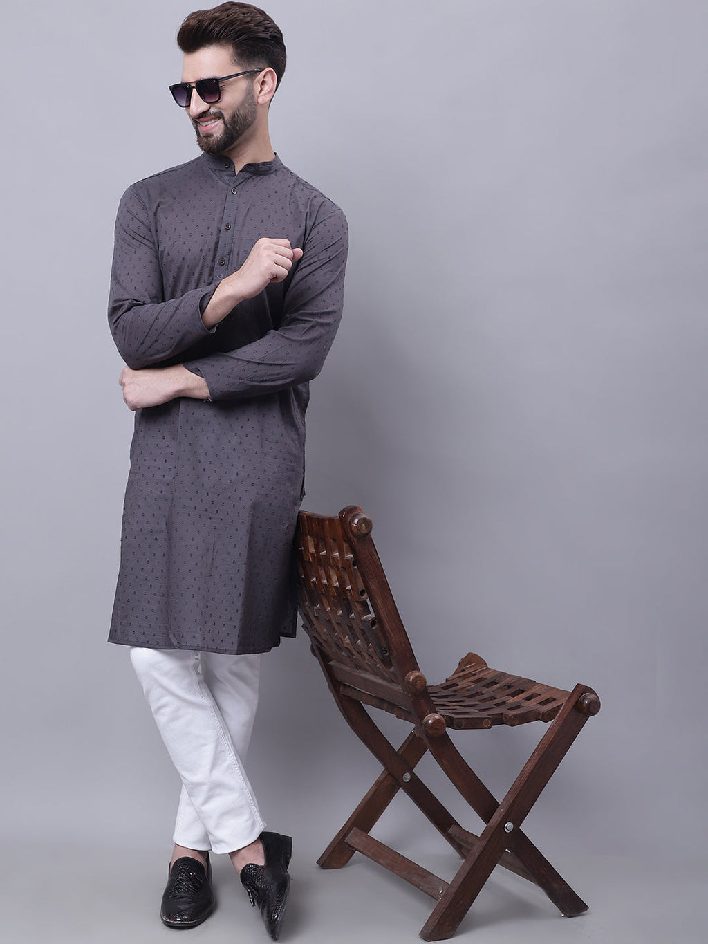 Even Apparels Grey Pure Cotton Kurta With Band Collar | Grocsy