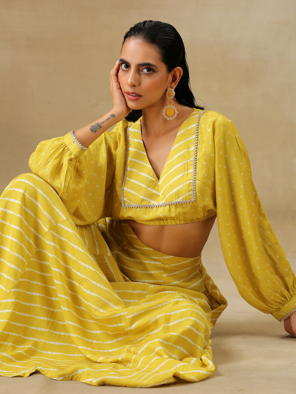 trueBrowns Lime Green Bandhani Printed Silk Top Skirt Set | Grocsy