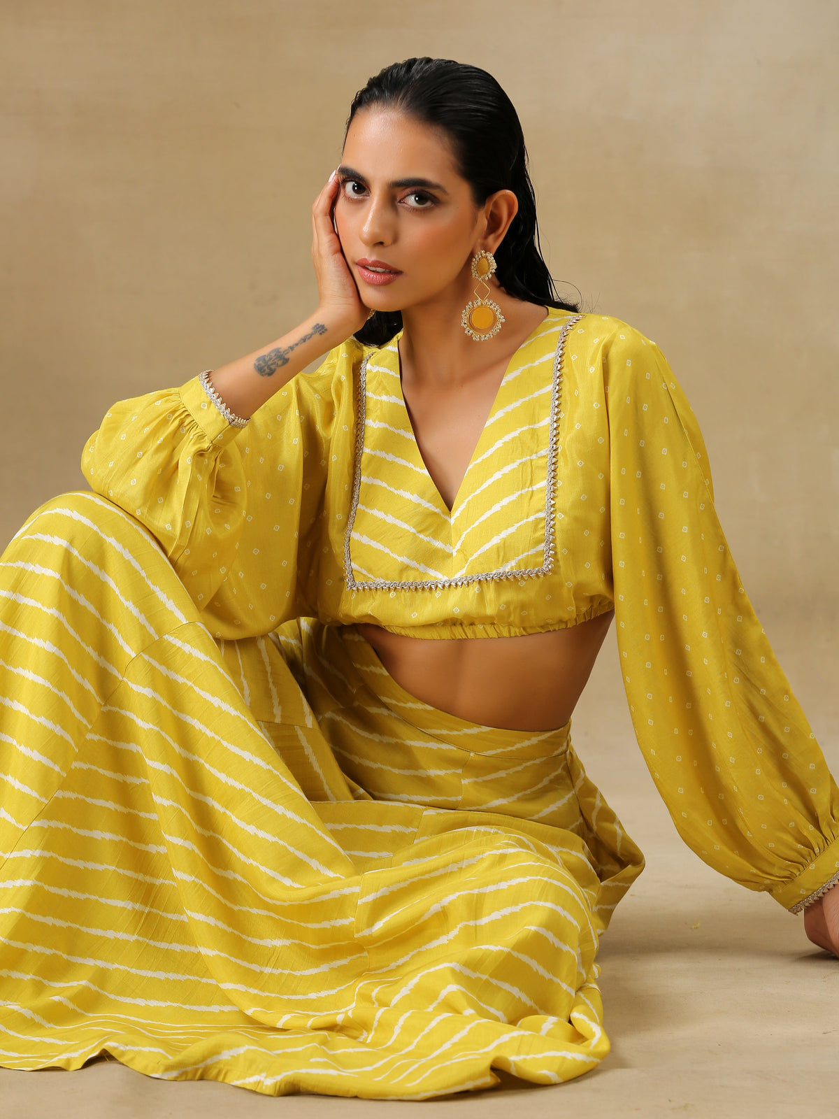trueBrowns Lime Green Bandhani Printed Silk Top Skirt Set | Grocsy