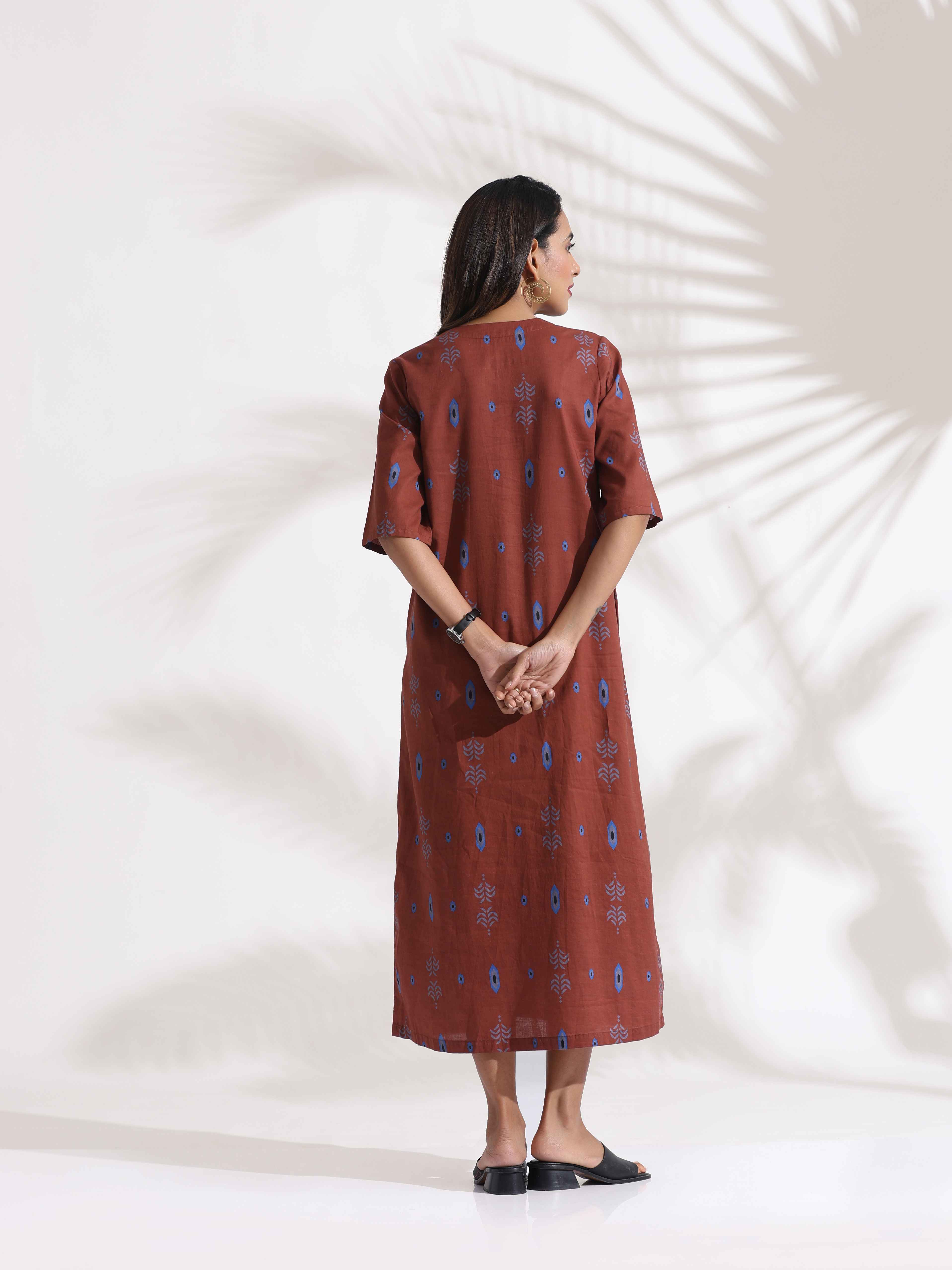 trueBrowns Brown Cotton Print pleated Dress | Grocsy