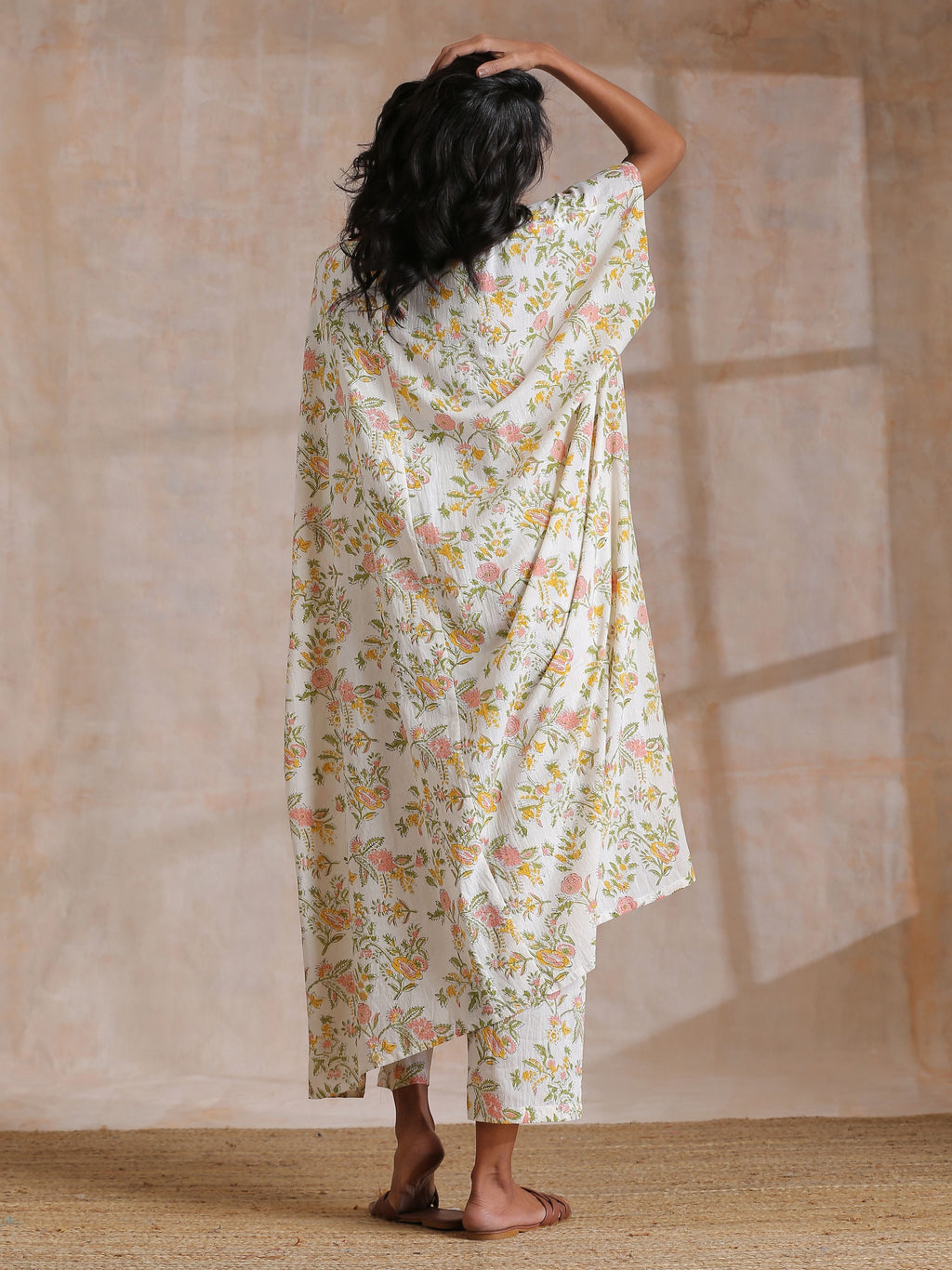 trueBrowns Pink Yellow Floral On White Block Print Cotton Panel Kaftan Kurta Pant Set | Grocsy